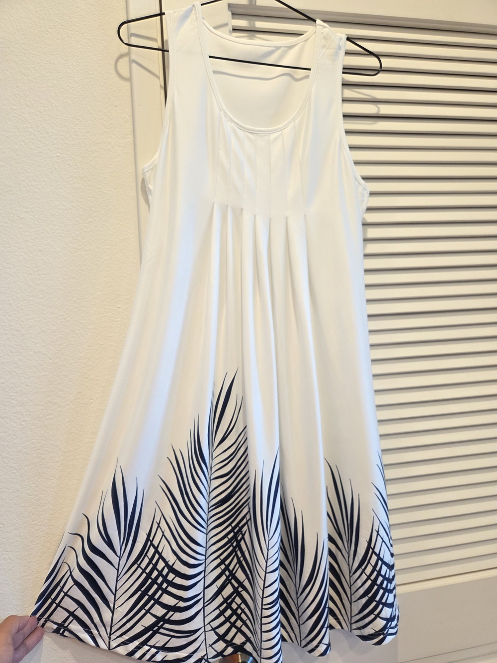Women's Summer white tank dress with Navy Palm Print - Size M